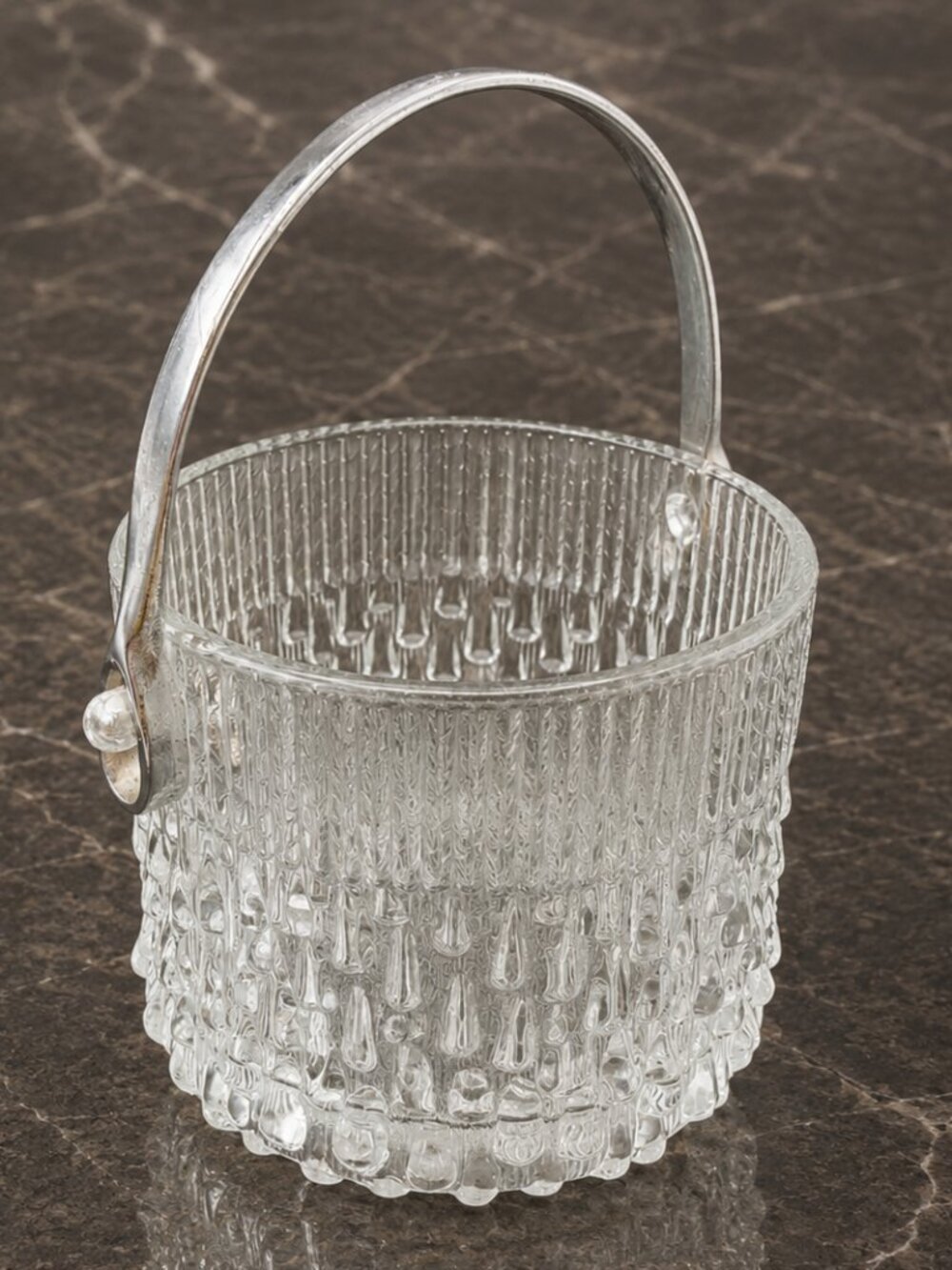 Vtg Teleflora French Glass Ice Bucket Biscuit Jar w/ Chrome Handle Textured MCM